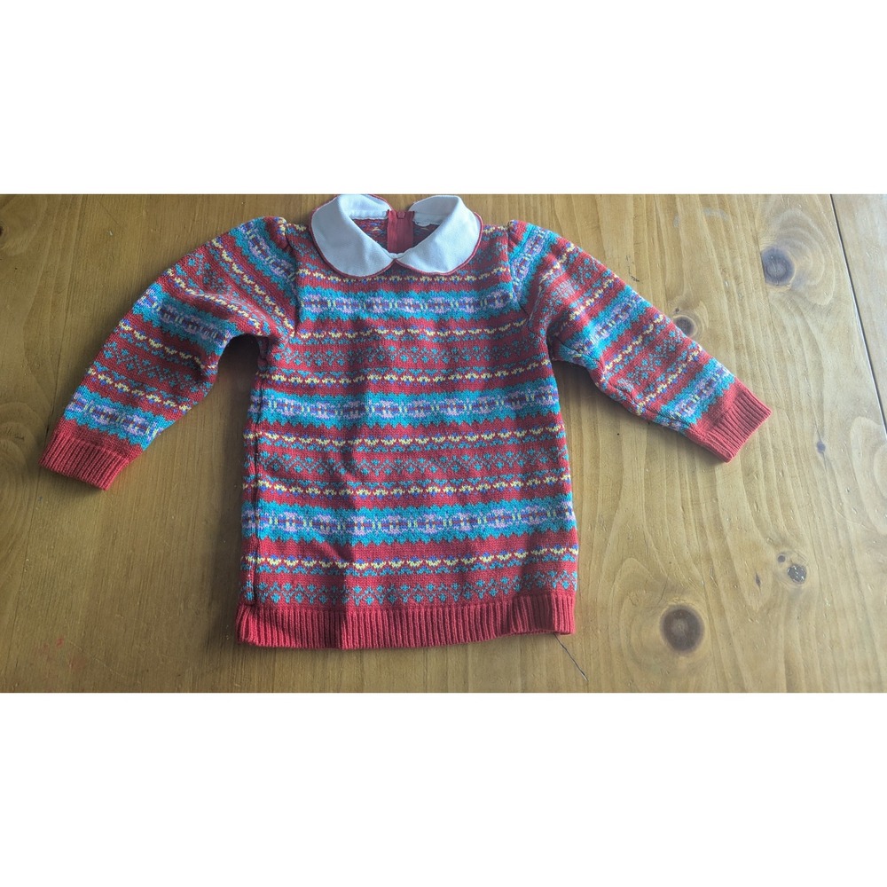 Vintage Style Kids Red Fair Isle Knit Sweater Dress Peter Pan Collar Teal 18-24M